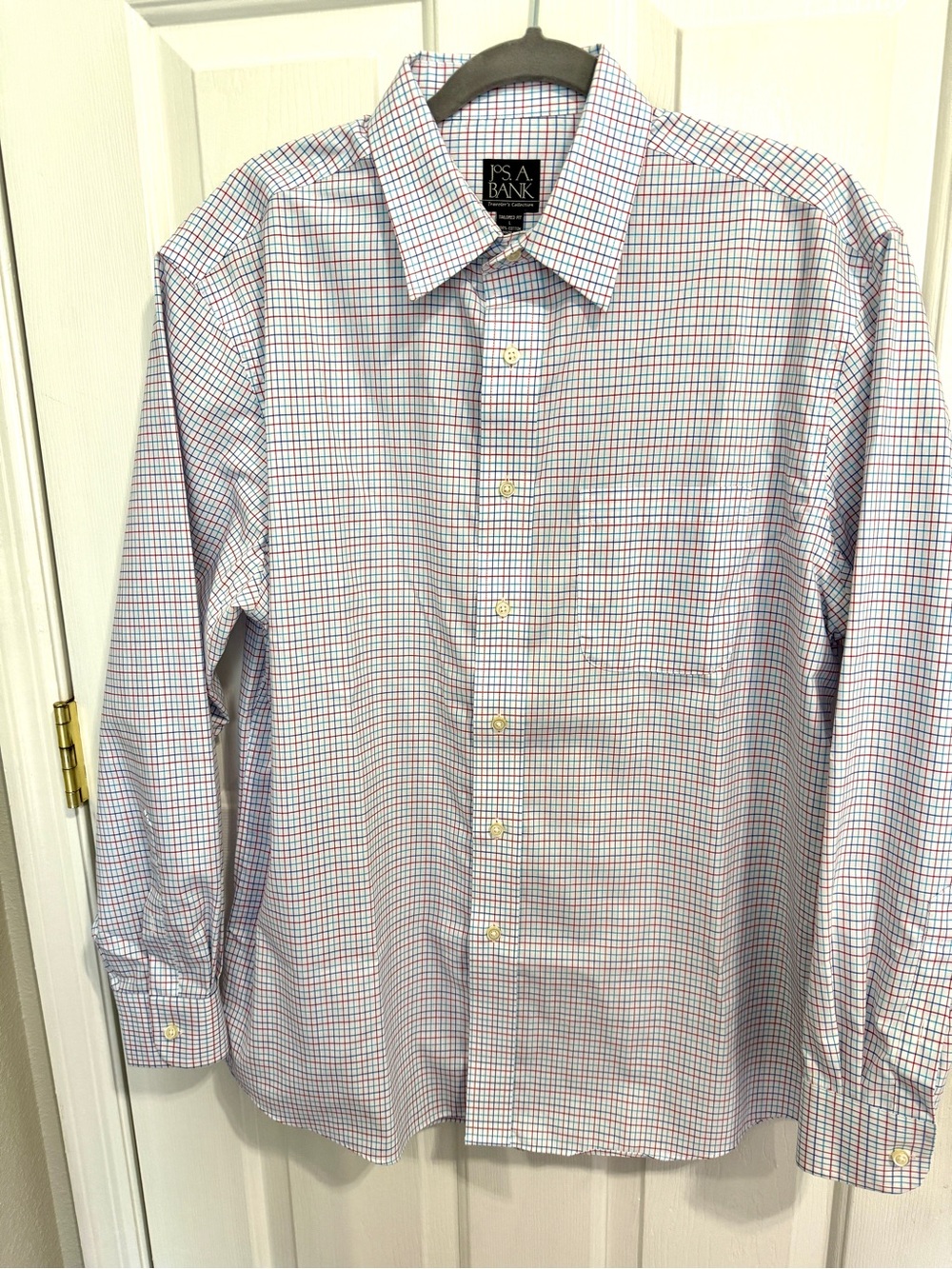 Jos. A. Bank White Dress Shirt with Blue and Red Windowpane Grid
